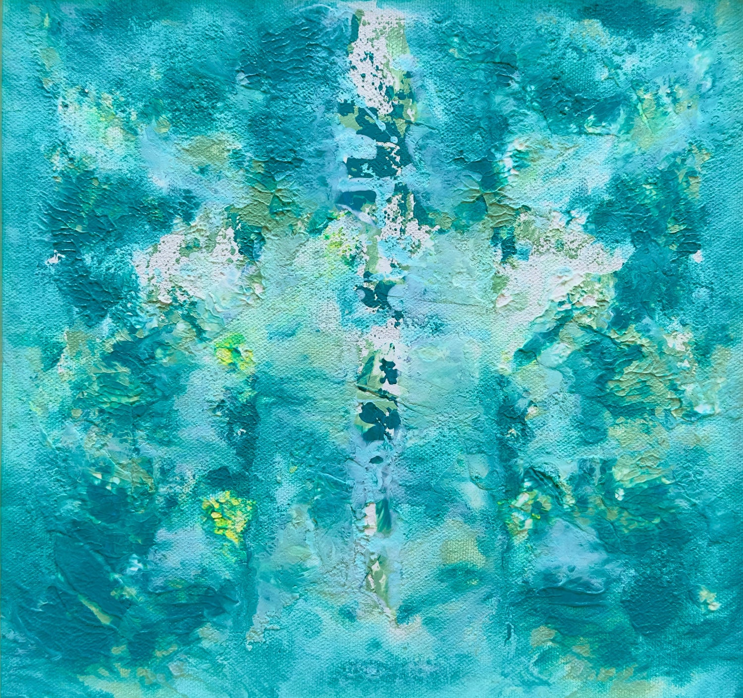 Abstract art piece with teal and green colors in a gold frame